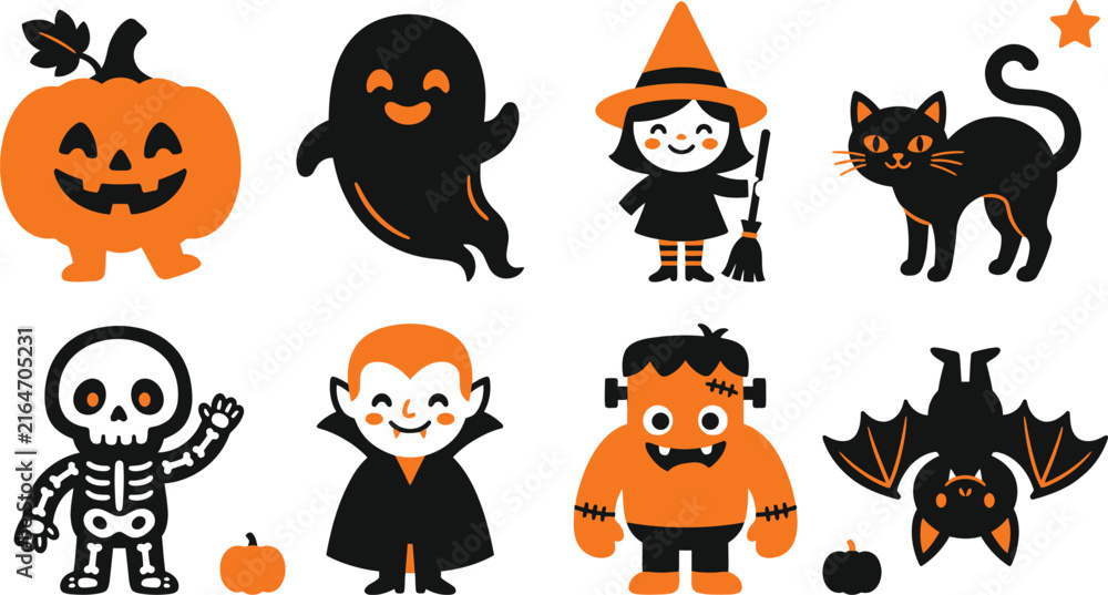 Obraz premium A delightful collection of classic halloween characters including pumpkins ghosts witches and bats for a spooky and fun celebration