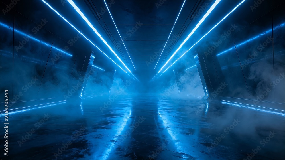 Obraz premium Futuristic Sci-Fi Corridor with Blue Neon Lights and Fog