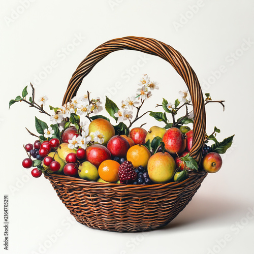 Woven wicker basket filled with fresh mixed fruits and white blossom flowers against a white background fruit basket ripe fruit sweet fruit