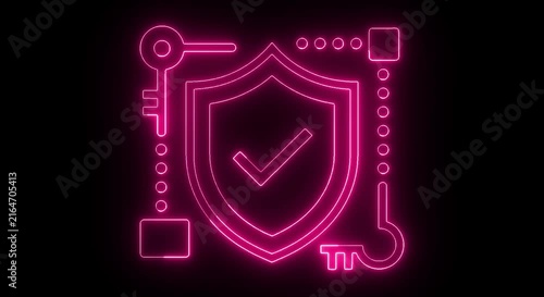 Neon Cyber Security Shield with Check Mark and Key Icon Animation