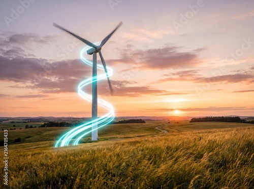Wind turbine in golden grass field at sunset with glowing cyan energy trail spiraling around the tower