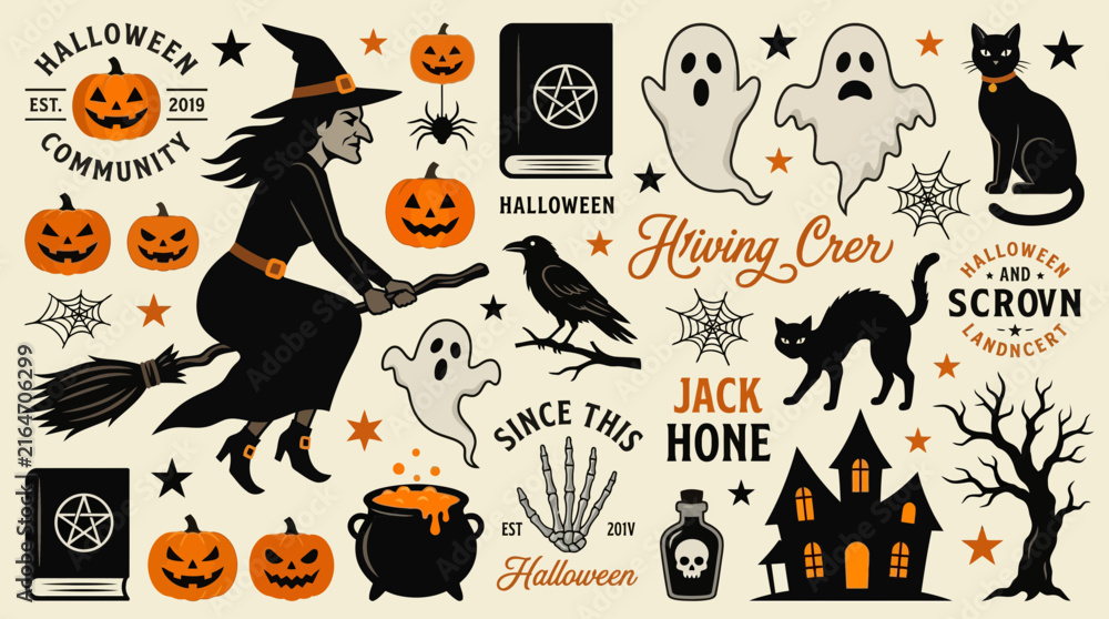 Fototapeta premium Vintage Halloween Illustration Collection with Witch, Ghosts, and Pumpkins
