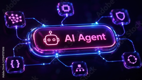 AI Agent Network: A stylized illustration depicting an AI agent at the center, connected to various digital icons representing data, security, code, and processes.