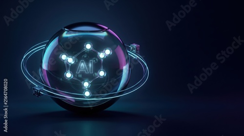 AI Core Sphere: A glowing sphere with the letters AI at its center, surrounded by glowing nodes and orbiting rings, on a dark, futuristic background.
