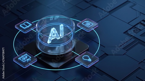 Obraz na płótnie AI Core Concept: A central AI processor unit pulses with bright blue light, surrounded by glowing nodes representing data, code, and intelligent processes.