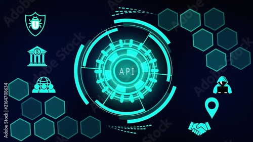 Animated illustration of api concept with associated business and technology symbols