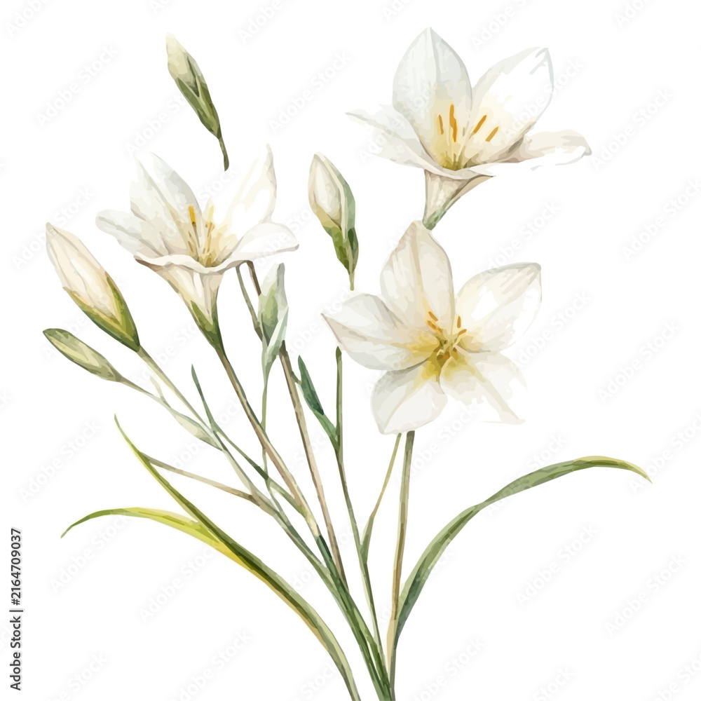 Fototapeta premium Zephyranthes Branch, clipart watercolor vector with gentle, isolated on a white background.