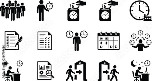 Set of time and attendance icons for business, human resources, and workforce management