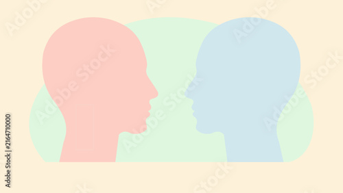 Two human head profiles in shades of red and blue are depicted against a pale background profile heads anatomy portrait silhouettes figure shapes forms graphic