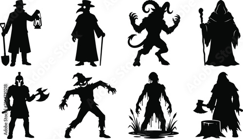 Foto Halloween Horror Character Silhouette Vector Collection Featuring Plague Doctor