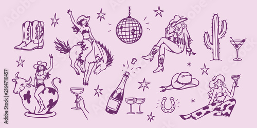 Cowgirl Western Doodle Set Illustration