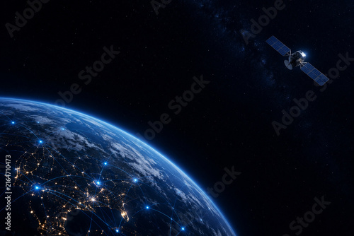 Satellite orbiting Earth with global communication network