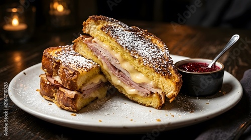Monte Cristo sandwich with ham and melted cheese served with berry jam on a plate perfect for National Monte Cristo Day