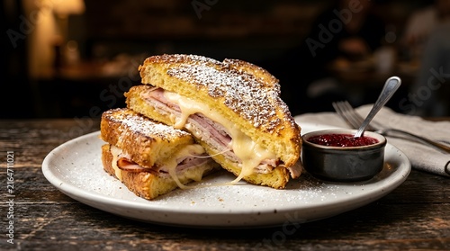Monte Cristo sandwich with melted cheese and ham served with berry jam on a plate perfect for National Monte Cristo Day