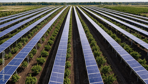 Aerial view of solar panels integrated into a green orchard for sustainable energy generation.