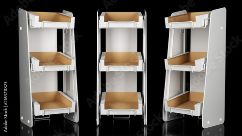 Mockup of white hanging wire display with display boxes, front and side views. 3d illustration on black background