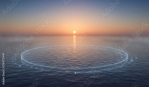 Futuristic digital signal rings glowing across a calm ocean at sunset, symbolizing wireless connectivity, data transmission, communication technology and global network