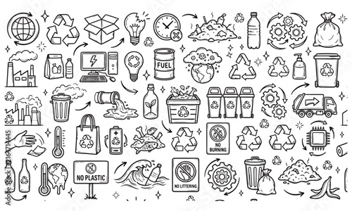 Environmental protection and recycling hand drawn doodle vector icons set with recycling symbols eco friendly green energy waste management sustainability items earth care