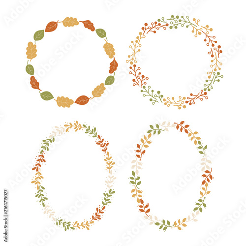 Set of four decorative autumn botanical frames and wreaths made of colorful leaves, branches and berries in warm orange, mustard, olive and cream tones. Seasonal borders with blank copy space.