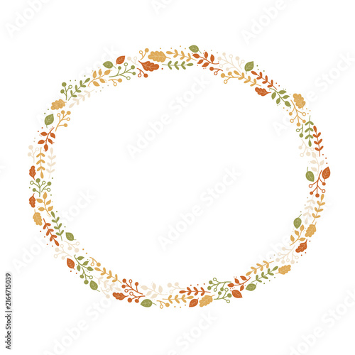 Decorative round autumn botanical frame made of colorful leaves, branches and berries in orange, mustard, olive and cream. Seasonal foliage border with white copy space for text, invitations and cards