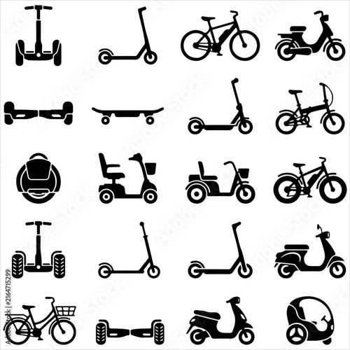 Set of black and white urban personal transport icons including scooters and bicycles with scooter icon bicycle vector electric scooter city bike urban vehicle micro mobility segway icon