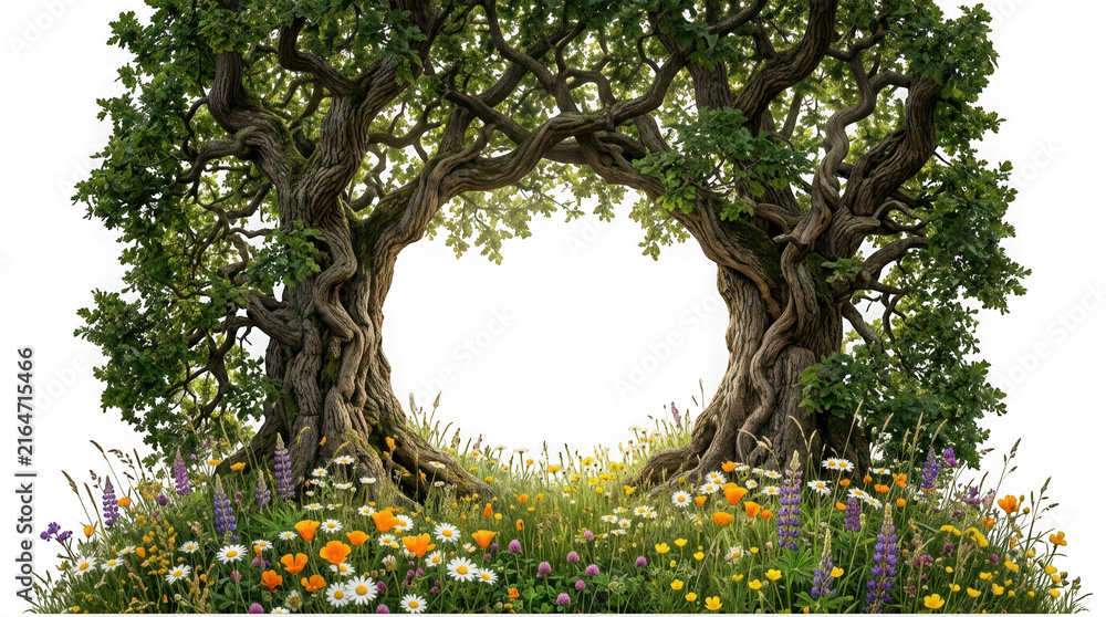 Naklejka premium Ancient oak trees forming a natural archway over a flower meadow isolated on transparent background