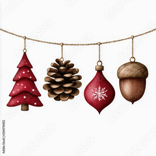 Christmas tree pinecone ornament acorn hanging on rope, rustic holiday decoration with red and brown natural colors, festive winter charm