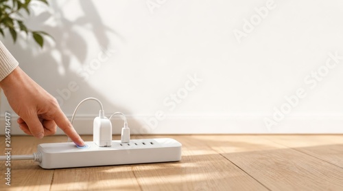 Hand pressing power button on smart power strip