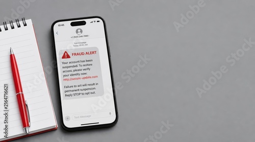 Smartphone with scam warning on gray desk with notepad