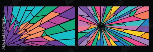 Two horizontal panels featuring colorful stained glass patterns with radiating geometric shards, vibrant hues, and dark colorful mosaic background