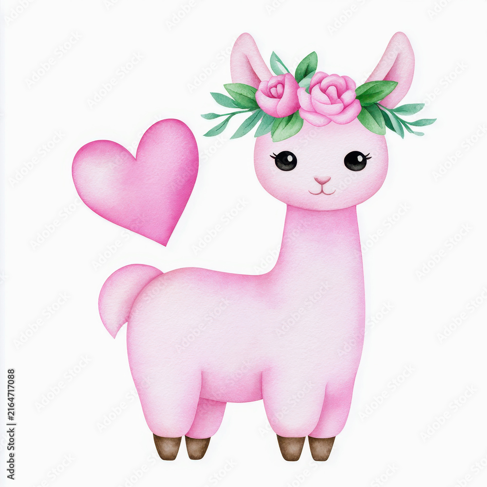 Naklejka premium Cute pink llama with flower crown and heart, watercolor style, soft texture, charming and adorable animal illustration