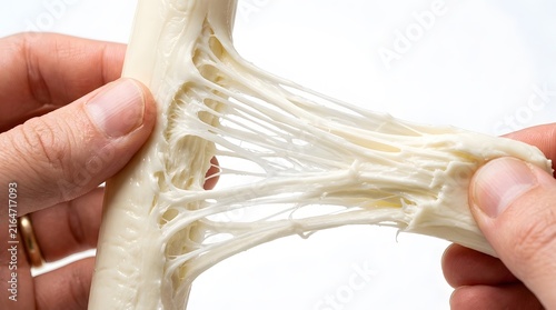 Hands pulling apart a piece of fresh string cheese on a white background perfect for National String Cheese Day