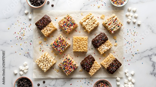 Homemade Rice Cereal Treats with Chocolate and Sprinkles on Marble Background perfect for Rice Krispie Treat Day