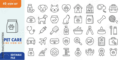 Pet Care and Veterinary Line Icons Set – Editable Outline Vector Icons for Dogs, Cats and Animal Health