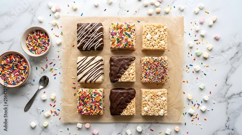 Assorted crispy rice marshmallow treats with chocolate drizzle and colorful sprinkles perfect for Rice Krispie Treat Day