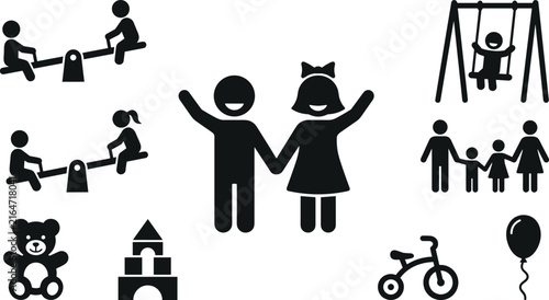 Children playground and happy family stick figure pictogram icon set black silhouette vector illustration isolated