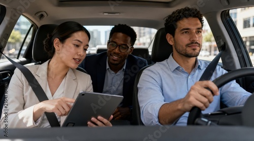 Colleagues sharing a morning car commute in a modern sedan