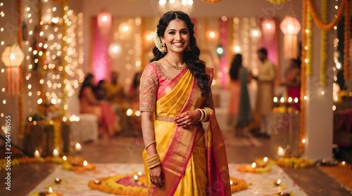 Portrait of a beautiful indian woman in a traditional yellow and pink silk saree at a festive celebration with warm bokeh lights in the background