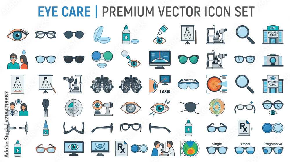 Naklejka premium Comprehensive Eye Care Vector Icon Set Featuring Optometry Equipment and Ophthalmology Medical Treatment Symbols