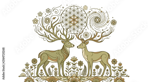 Mystic deer illustration with sacred geometry and floral pattern for spiritual design