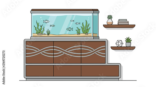 Aquarium tank sitting on wooden cabinet furniture inside modern living room interior design