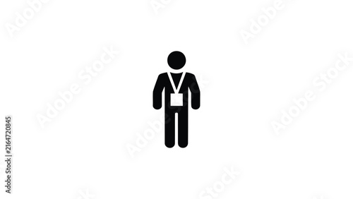 Minimalist black silhouette icon of person wearing lanyard with identification badge, abstract workplace artwork symbolizing staff, employee, professionalism, and authorized personnel access