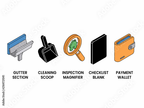 Home maintenance tools: gutter section, cleaning scoop, inspection magnifier, checklist, payment wallet