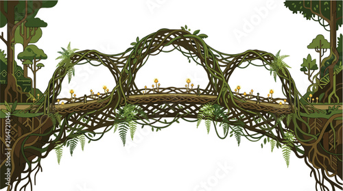 Bridge made of intertwined jungle vines connecting two cliffs with lush foliage illustration