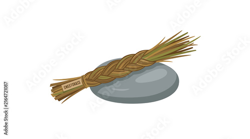 Brown Braided Sweetgrass Smudge Stick on Gray River Stone