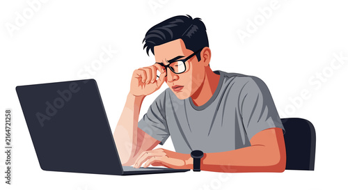 Tired Male Software Engineer Rubbing Eyes at Night