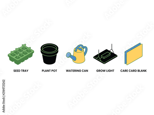 Essential gardening tools: seed tray, plant pot, watering can, grow light, care card
