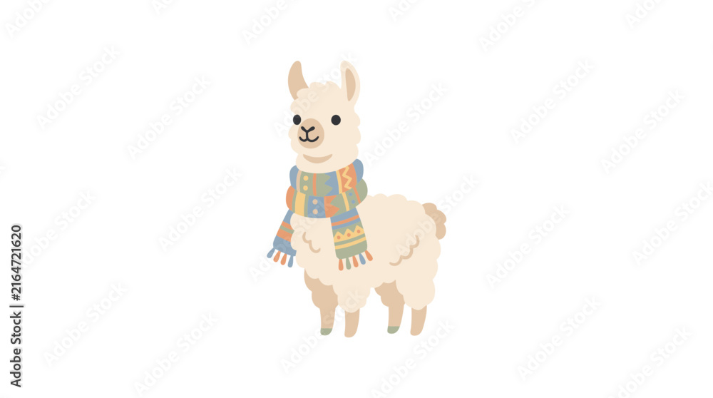 Obraz premium Cute cartoon llama wearing a colorful patterned scarf on a white background.