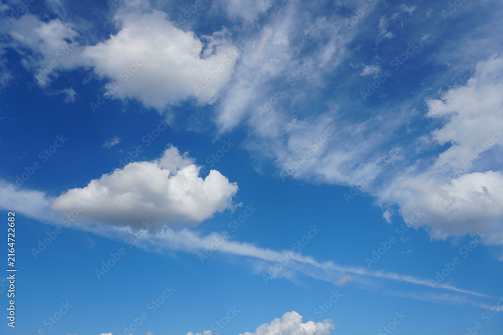 Fototapeta premium White fluffy clouds in the sky. Blue sky and cloud cover on a sunny summer day. Empty background, copy space