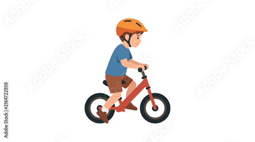 Caucasian Boy Balancing on Red Pedal-less Bike